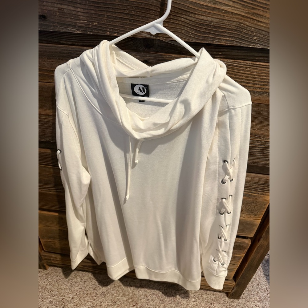 Elegant Cream Cowl Neck Hoodie with Lace-Up Detail